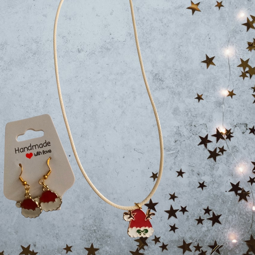 Handmade Red and Gold Santa Necklace and Earrings Set